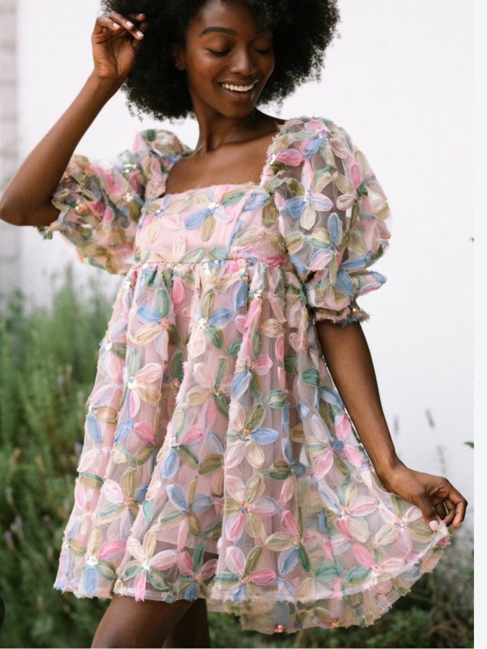 Storia | Stacy Sequin Puff-Sleeve Pastel Floral Appliqué Babydoll Dress | S